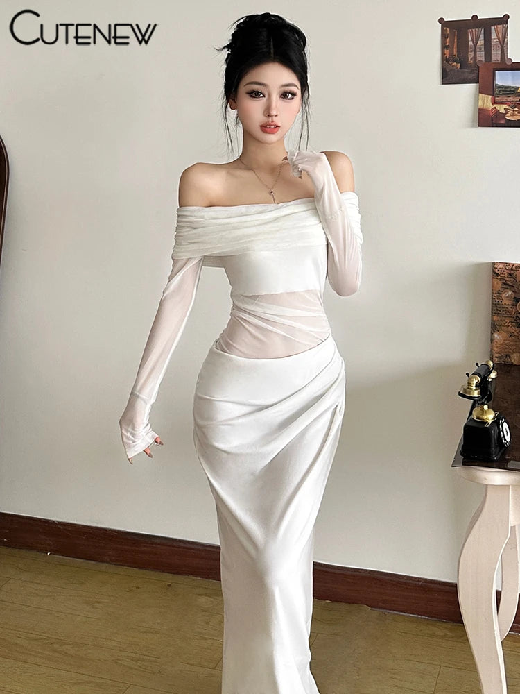 Mesh Ruched Women Maxi Dress Sexy See Through Off Shoulder Long Sleeve Sheath Vestidos