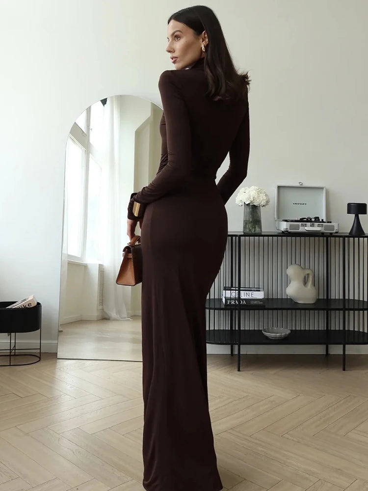 Turtleneck Thigh High Split Sexy Maxi Dress For Women Fashion Long Sleeve Draped Bandage Bodycon