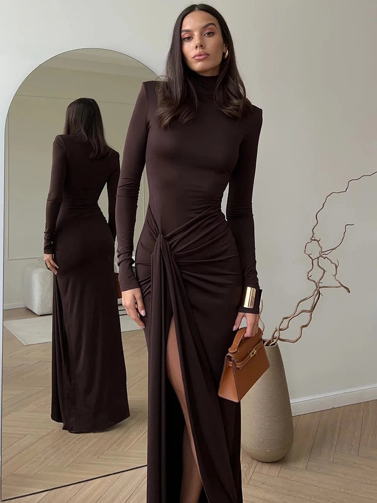 Turtleneck Thigh High Split Sexy Maxi Dress For Women Fashion Long Sleeve Draped Bandage Bodycon